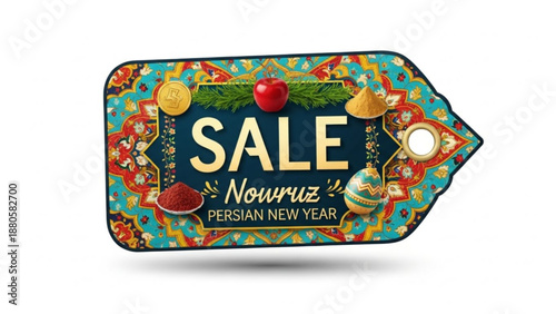 Vibrant nowruz sale tag with persian new year decorations and text on white background
