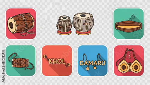 Traditional indian musical instruments icons set colorful illustrations of drums and percussion on transparent background
