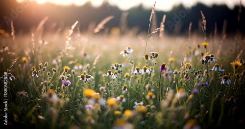 Serene Wildflower Meadow at Sunset Time.