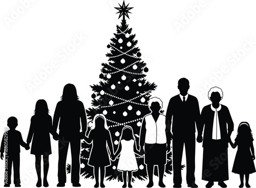 Large family holding hands around decorated Christmas tree silhouette illustration celebrating holiday unity love tradition togetherness festive winter season