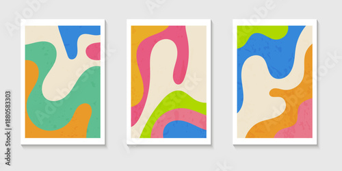 Set of abstract contemporary mid century posters with Abstract shapes. Design for wallpaper, background, wall decor, cover, print, card. Modern boho landscape minimalist art.