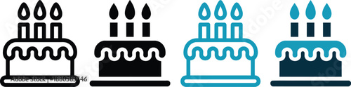 A set of colorful birthday cake icons with lit candles on top