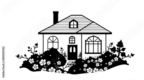Minimal papercut style house illustration in vector format, rendered entirely in black, featuring elegant curves and delicate lines, surrounded by intricate flowers and lush shrubs, with a harmonious 