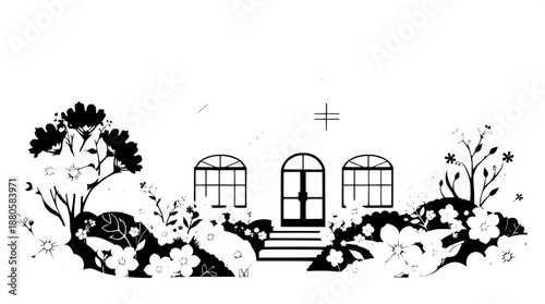 Minimal papercut style house illustration in vector format, rendered entirely in black, featuring elegant curves and delicate lines, surrounded by intricate flowers and lush shrubs, with a harmonious 
