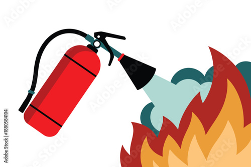 A fire extinguisher spraying foam on a large fire with flames