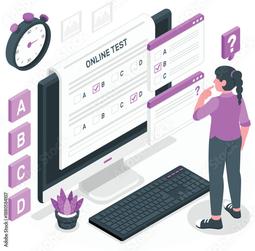 A young woman contemplates an online test on her computer screen with multiple choice questions displayed