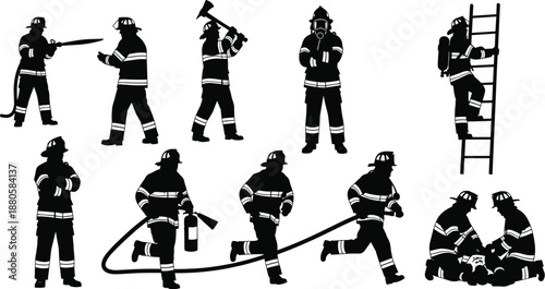 The image presents a collection of stylized silhouettes of firefighters in various action poses.