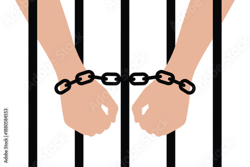 A pair of hands cuffed with chains behind prison bars illustration
