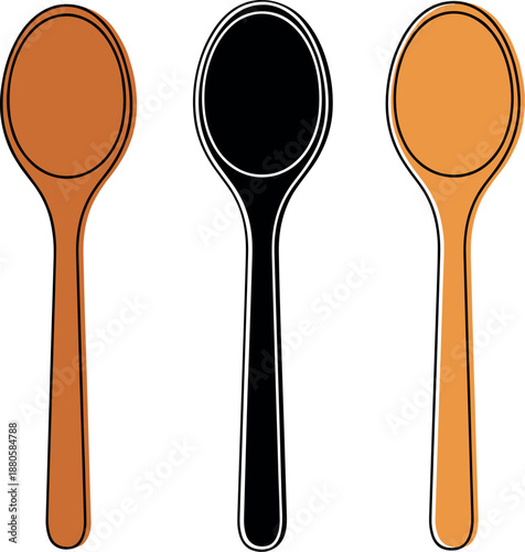Set of three wooden spoon vector illustrations in different wood tones for kitchen cooking and organic food design
