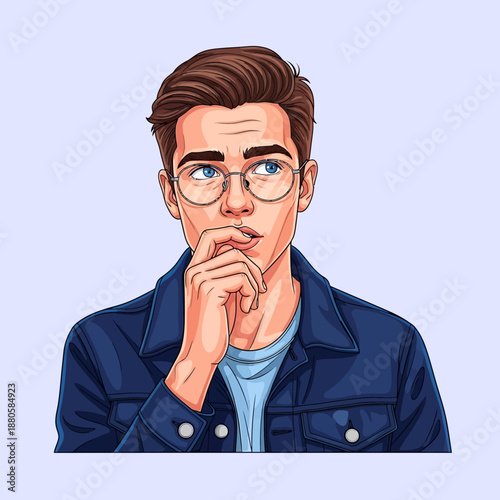 Thoughtful young man with hand on chin.