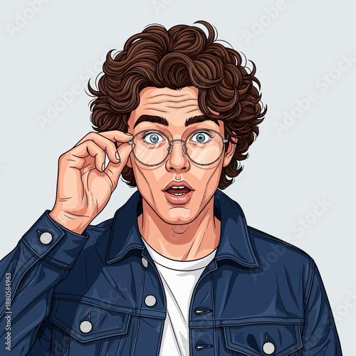 Young Man Adjusting Eyeglasses with Surprised Expression.