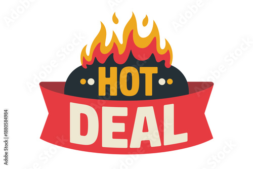 A vibrant graphic illustration of a hot deal with flames and a red banner