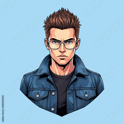 Young Man Wearing Glasses and Denim Jacket.