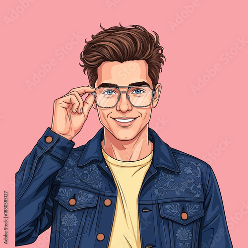 Young man wearing glasses and denim jacket.