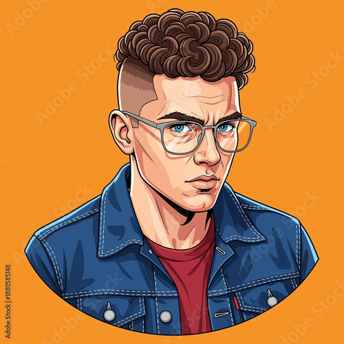 Young Man Wearing Glasses and Denim Jacket.