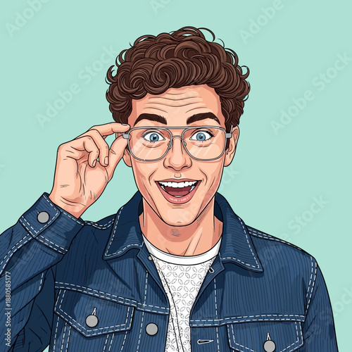Young Man Wearing Glasses and Denim Jacket.