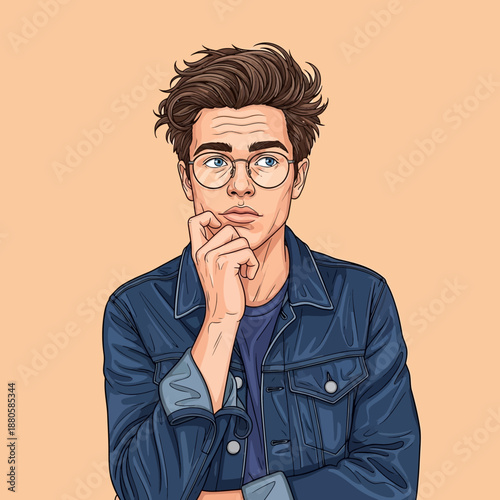 Young man with thoughtful expression wearing glasses.