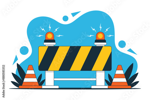 A cartoon illustration of a roadblock with warning lights and cones