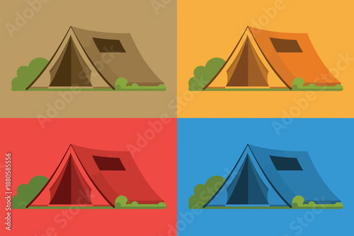 A colorful illustration of four tents in different colored backgrounds for camping and outdoor adventures