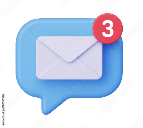 3D Blue Chat Bubble with Envelope Icon and Three New Message Alerts