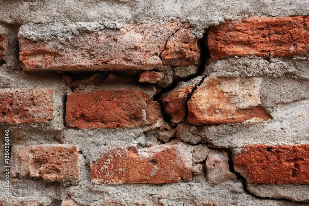 Obraz premium Close-up of Weathered Red Brick Wall with Crumbling Mortar and Rough Texture.