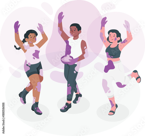 Three women dancing together in a studio with dynamic poses and vibrant workout attire