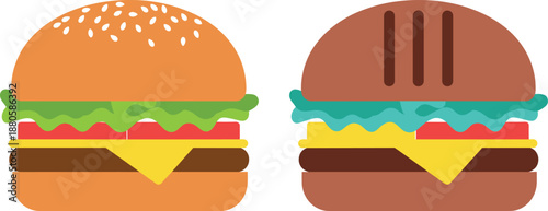 Set of two burger vector illustrations featuring a classic seeded cheeseburger and an artisan dark bun specialty sandwich