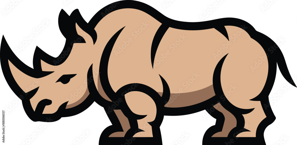 Fototapeta premium A cartoon rhinoceros stands alone on a plain white background illustration