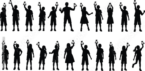 Happy children silhouettes holding trophies celebrating school competition success award ceremony isolated black vector illustration set for education