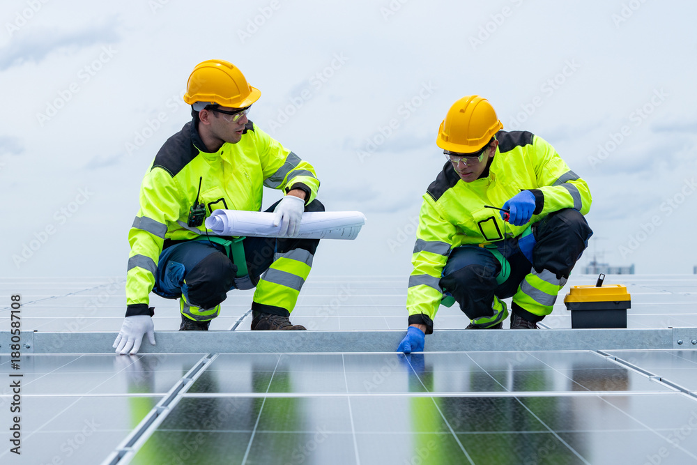 Fototapeta premium Engineers walking across rooftop solar panel array