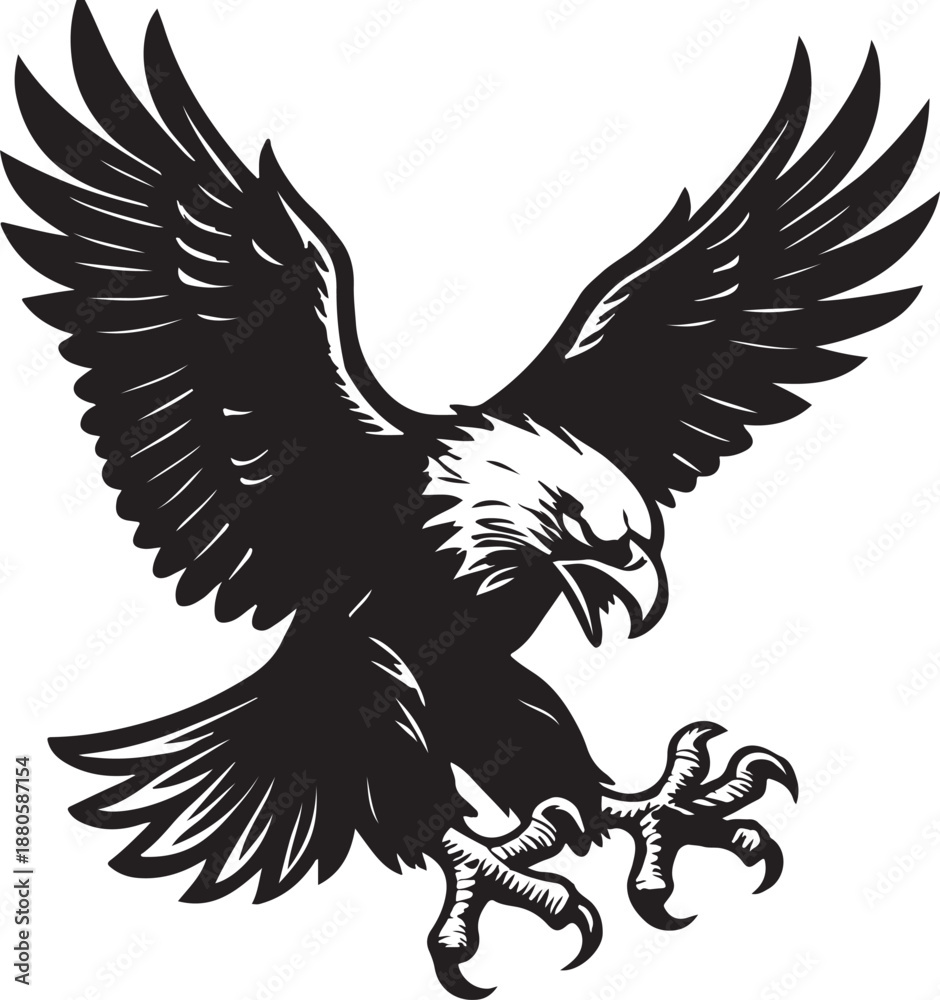 Obraz premium Stylized black and white fierce bald eagle descending with spread wings and sharp talons attack pose vector.