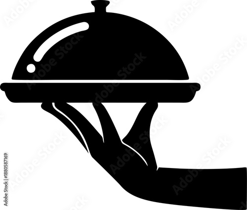 Waiter hand holding covered food serving tray silhouette