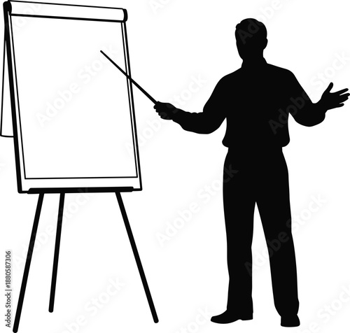 Business man presenting flip chart board silhouettes explaining strategy isolated black vector illustration for training presentation coaching education concept