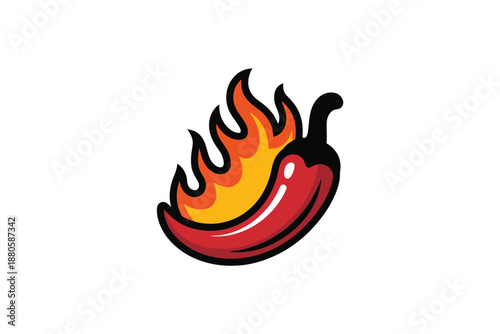 A cartoon red chili pepper with flames rising from it