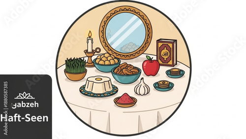 Traditional haft seen table setting with mirror and symbolic foods