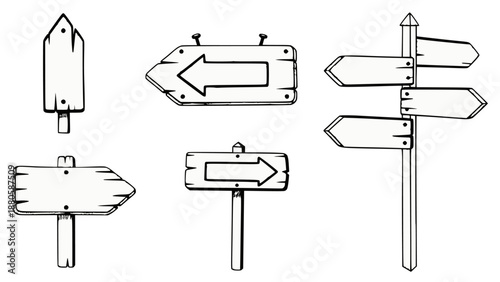 Set of 6 Hand-Drawn Wooden Direction Signposts Vector isolated PNG with Transparent Background