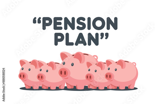 A group of pink piggy banks with a pension plan text above them