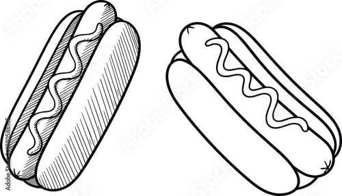 Set of two hot dog vector line art illustrations with mustard and realistic shading for fast food design