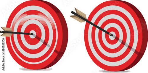 Set of two red and white target board vector illustrations with arrows hitting the bullseye for business goals