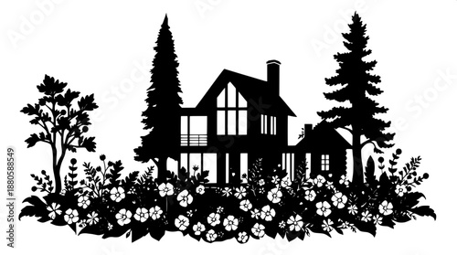 High-contrast papercut house artwork with intricate details, set amidst a lush detailed garden base featuring vibrant flowers and foliage, flanked by towering trees on either side, rendered in a minim