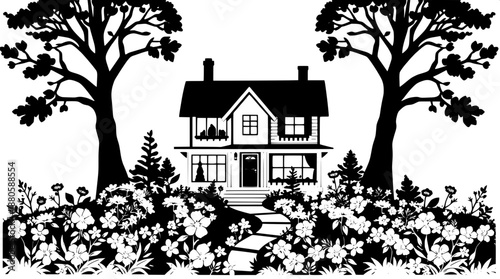 High-contrast papercut house artwork with intricate details, set amidst a lush detailed garden base featuring vibrant flowers and foliage, flanked by towering trees on either side, rendered in a minim
