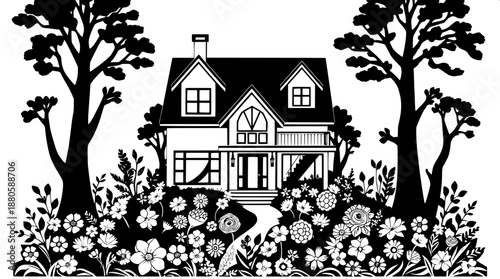 High-contrast papercut house artwork with intricate details, set amidst a lush detailed garden base featuring vibrant flowers and foliage, flanked by towering trees on either side, rendered in a minim