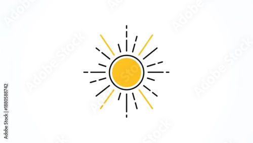 Vibrant yellow sun symbol with radiating lines on white background for design and decoration