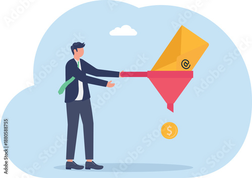 Businessman Funneling Email into Gold Coin