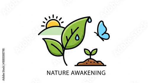 Nature awakening concept with green leaves sprout blue butterfly and sunrise
