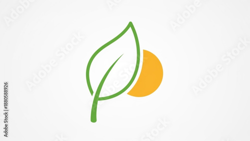 Simple green leaf icon with orange circle on white background symbolizing nature and eco friendliness in a minimalist design concept