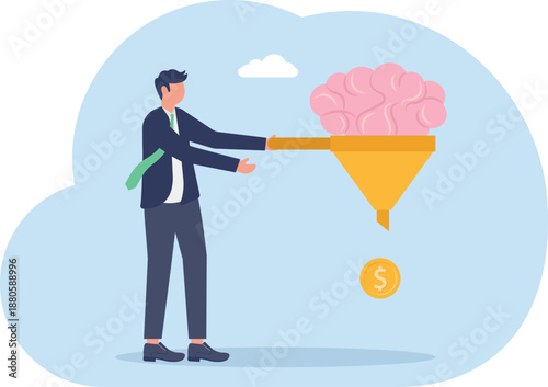 Businessman Funneling Human Brain into Coin