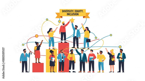 Diverse people standing on blocks with diversity equity inclusion banner symbolizing unity and equality in a colorful illustration