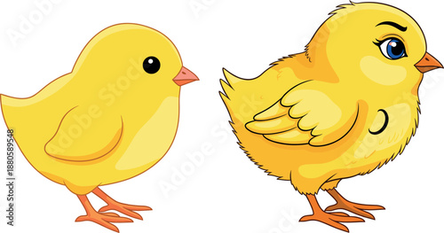 Set of two yellow baby chick vector illustrations featuring a simple minimalist design and a detailed expressive character