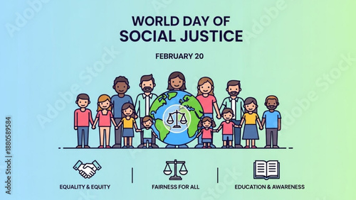 Diverse group of people standing together holding scales of justice and earth globe promoting equality and fairness on world day of social justice